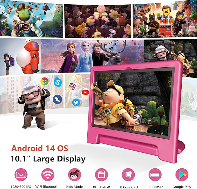 Kids Tablet, 10 inch Android 14 Tablet for Kids, 8GB RAM 64GB ROM Octa-Core Fast-Charging Battery Toddler Tablets with Shockproof Case, Bluetooth, WiFi, Parental Control, Dual Camera, GPS