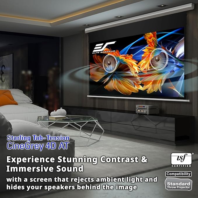 Elite Screens 110-Inch Motorized Projector Screen 16:9, CineGrey 4D at CLR/ALR, Acoustically Transparent, ISF Certified, Tab-Tensioned Electric Drop Down for Home Theater, STT110XHD4AT-E12