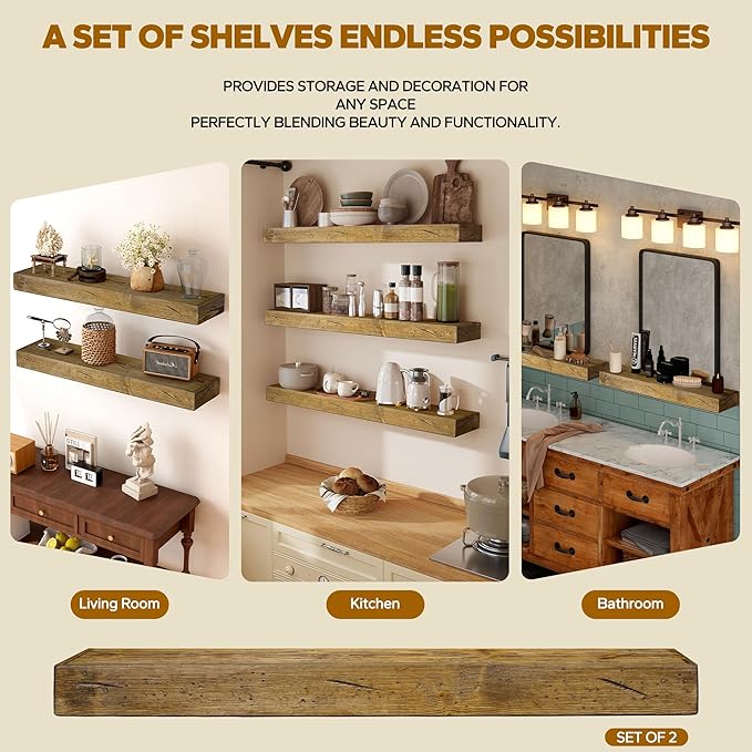 Floating Shelves 3 inch Thick for Wall Set of 2,Solid Pine Wood Wall Mount Shelf for Kitchen Living Room Bedroom Bathroom,8" D x 48" L x 3" H-Distressed Black Walnut