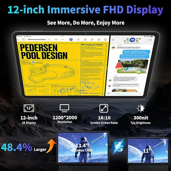 2026 12 Inch Tablet, 24GB（8+16） RAM+256 Storage(Expand to 2TB), Android 15 Tablet with Keyboard, Octa-Core, 2K 2000x1200 Display, 16MP Dual Camera, 8000mAh, 5G WiFi,GPS,Bluetooth 5.0（Pink）