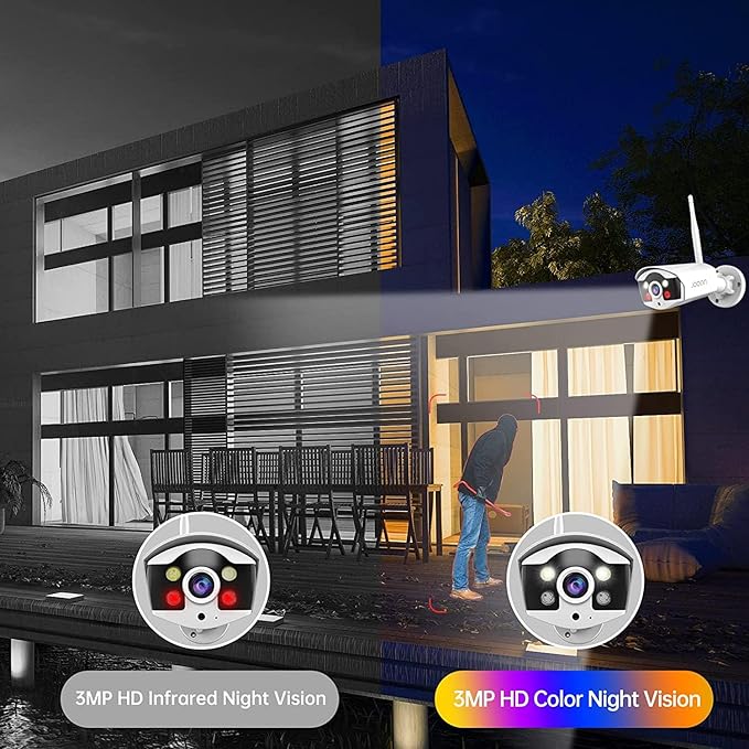 JOOAN 3MP Wireless Security Camera System Outdoor [H.265+ System & 2 Way Audio] 10CH NVR&4 WiFi Cameras for Home Surveillance IP67 Weatherproof Color Night Vision Motion/Human Detection&Alert