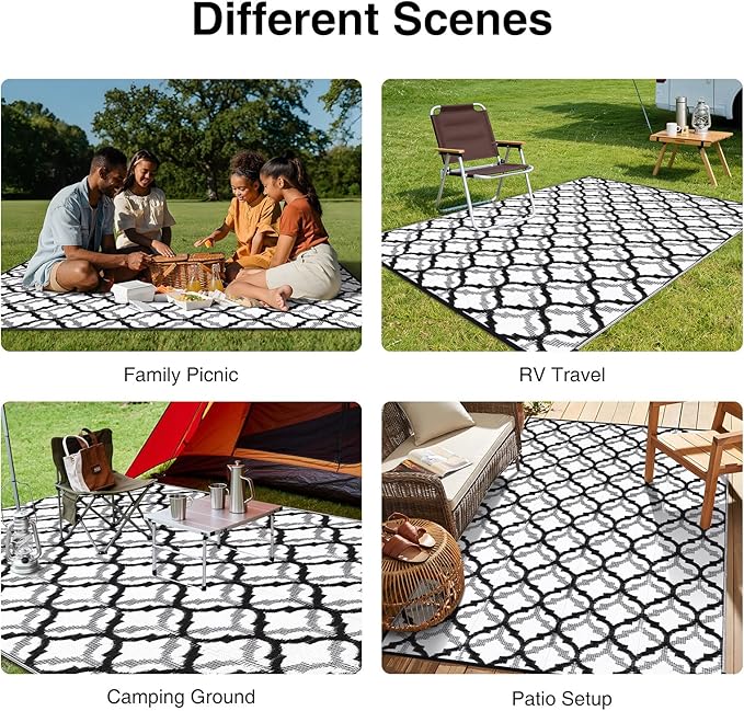 OLANLY Reversible Outdoor Rug 6x9 ft Clearance, Waterproof Outdoor Plastic Straw Rug with Interlacing Pattern, RV Mat for Patio, Camping, Balcony, Deck, Backyard, Black & White