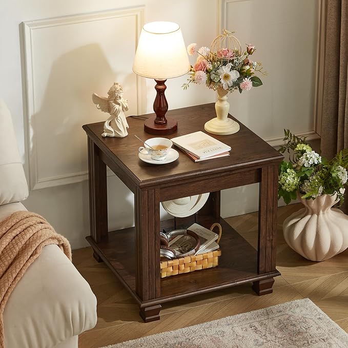 Farmhouse End Table Set of 2,Large Side Table with 2-Tier Storage Shelf,Rustic Brown End Tables for Living Room,Square Tea Table,Walnut