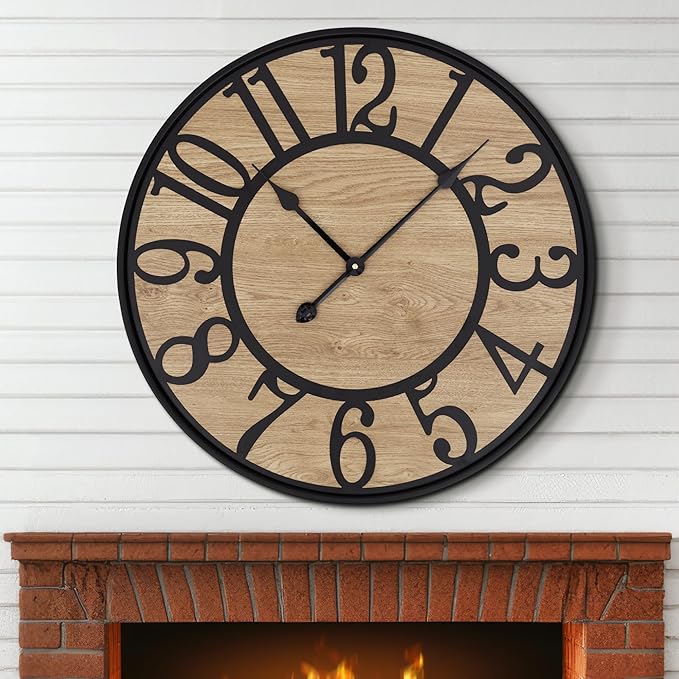 Maxstar Large Wall Clock for Living Room,Metal & Wood Silent Rustic Farmhouse with Arabic Numeral, Battery Operated Wall Clocks Decorative for Bedroom Office Home Decor 32inch Black