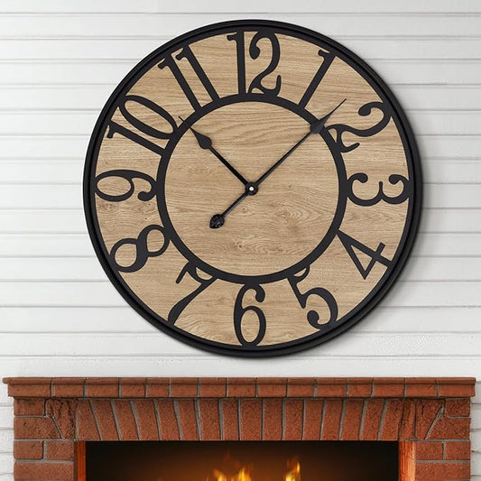 Maxstar Large Wall Clock for Living Room,Metal & Wood Silent Rustic Farmhouse Wall Clock with Arabic Numeral, Battery Operated Decorative for Bedroom Office Home Decor 20inch Black