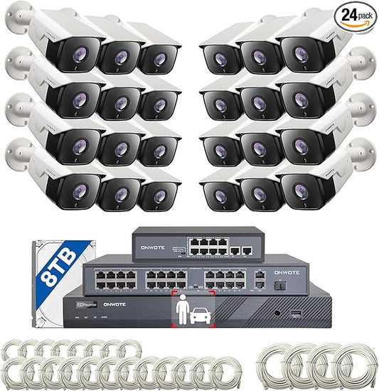 ONWOTE 32 Channel Security Camera System, 12MP 32CH NVR 8TB, 32 Ports Switch, 24x 6MP Outdoor Audio PoE IP Cameras, AI Human Vehicle Detection, 24x Cables-2280ft, Commercial Surveillance for Business
