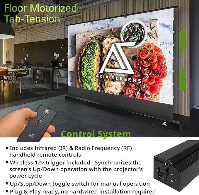 Akia Screens 102 inch Motorized Floor Rising Projector Screen, Pull Up Tab-Tension CineWhite 4K 8K HDR Home Theater Movie Screen for UST Short Throw, Remote Control, AK-FMT102UH2-X
