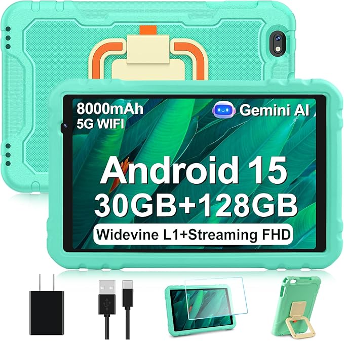 2025 Tablet 10 inch Android 15 Tablets 30GB RAM 128GB ROM 1TB Expand, 8000mAh Octa-Core Tablet with Drop-proof Case, Gemini AI, HD IPS Display, GPS, 5G WIFI, Split-screen, Widevine L1 -Metal Green