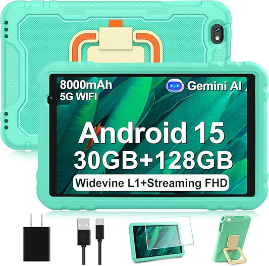 2025 Tablet 10 inch Android 15 Tablets 30GB RAM 128GB ROM 1TB Expand, 8000mAh Octa-Core Tablet with Drop-proof Case, Gemini AI, HD IPS Display, GPS, 5G WIFI, Split-screen, Widevine L1 -Metal Green