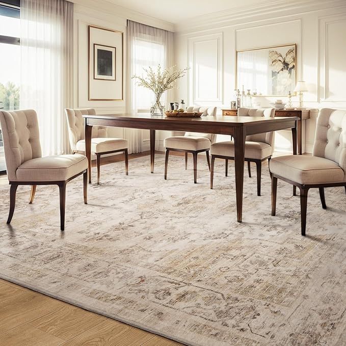 AMOAMI-Area Rug 8FT X 10FT Rugs for Living Room-Vintage Soft Beige Rugs for Bedroom-Non Slip Carpet-Washable Rug for Dining Room Living Room Bedroom Office Under Table