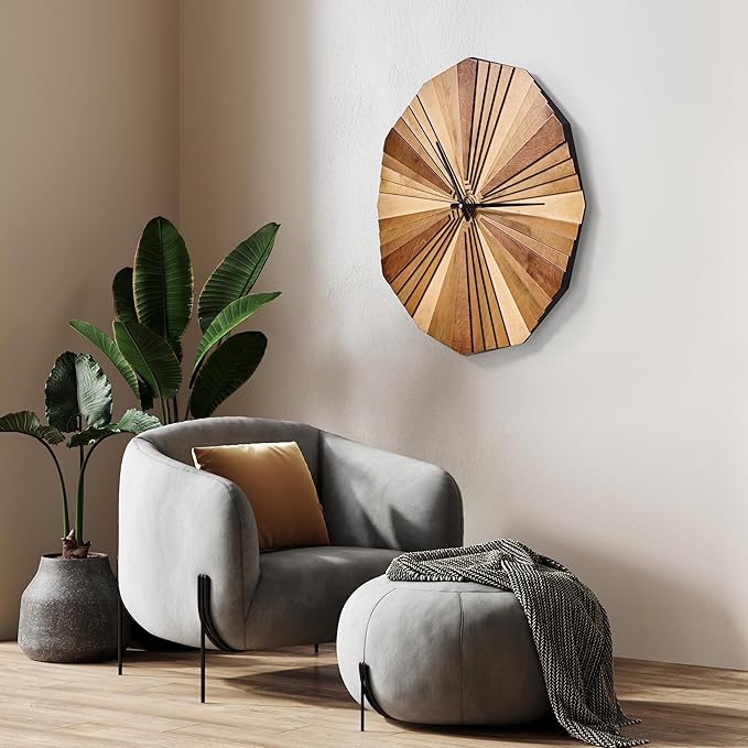 Parametric Verso Wood Wall Clock, 3D Birch Plywood Layered Acoustic Wooden Decorative Clock (Medium)