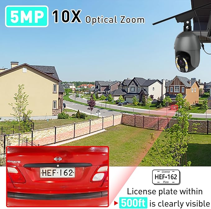 SOLIOM 5MP Security Camera Outdoor with 10X Optical Zoom, 4G LTE Cellular Security Cameras for Home Security with Battery & Solar Powered, Human Detection, Spotlight Color Night Vision, New S600-C10X