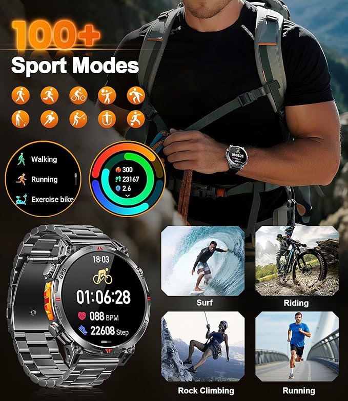 Military Smart Watches for Men GPS, 1.56" AMOLED Screen Bluetooth Call, Smartwatch for Android Phones and iPhone, 100+ Sport Modes, 3ATM Waterproof Smart Watch with Compass(Orange & Blue)
