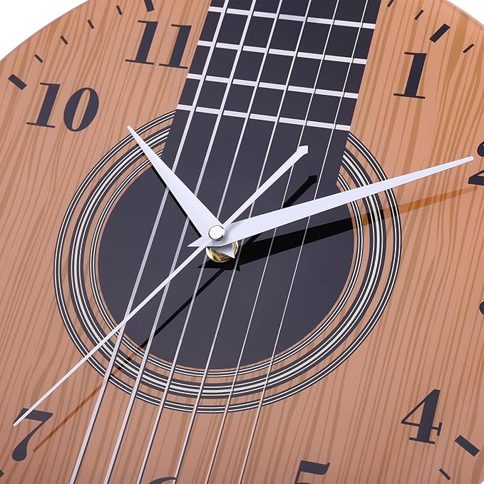 12 Inch Music Themed Wall Clock with Wooden Guitar Dial, Silent Clock Movement and Battery Operated, Great Decor for Music Room, Bedroom and Nice Gifts for Guitar Lover and Musicians