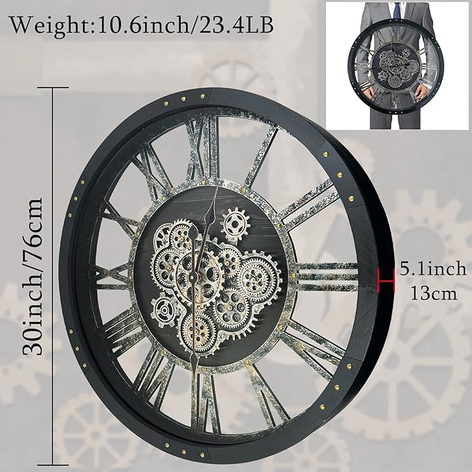 30 Inch Industrial Steampunk Wall Clock, Oversized Solid Wood Frame, Battery Operated, Large Wall Clock with Real Rotating Gears, Black