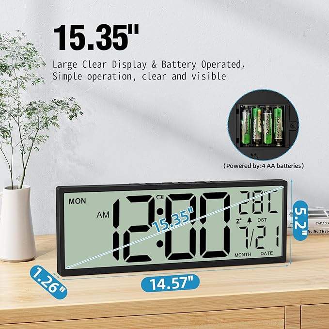 XREXS 14.5" Digital Wall Clock Battery Operated with Big Digits LCD Screen Display, Large Display Timer with Temperature Date Week Auto DST, Alarm Clock for Classroom, Livingroom, Office