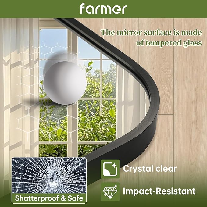 FARMER 24x32 Inch Black Bathroom Mirror, Rectangle Vanity Mirror, Brushed Mirrors for Wall, Metal Frame Hanging Mirror with Round Corner for Bedrooms, Entryways, Living Rooms, Horizontal/Vertical