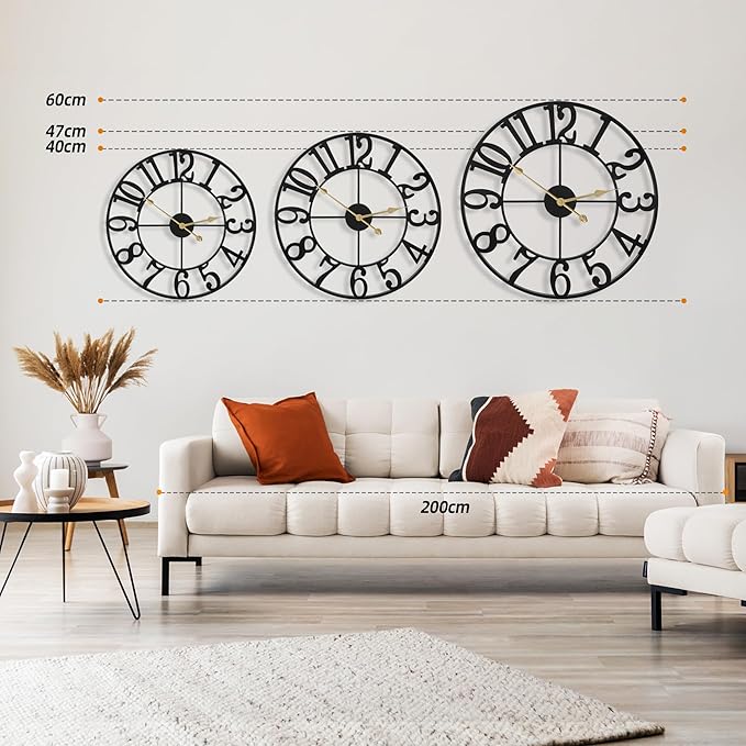 Large Wall Clocks for Living Room Decor, 18 Inch Round Black Metal Silent Non Ticking Battery Operated Jumbo Numerals Modern Vintage Decorative Clock Wall for Bedroom,Kitchen,Office,Farmhouse