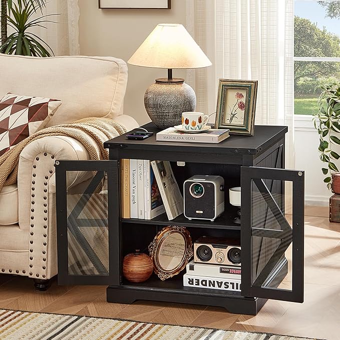 24" End Table with Charging Station, Farmhouse Night Stand with Glass Barn Door, Black Nightstands with Adjustable Storage Shelf, Large Wood Square Bed Side Table for Living Room,Bedroom