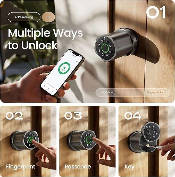 Leydebong 4-in-1 Smart Door Lock with Fingerprint and Keypad - Keyless Entry Electronic Lock with App Control - Easy Installation Smart Door Knob with Code in Gunmetal Gray