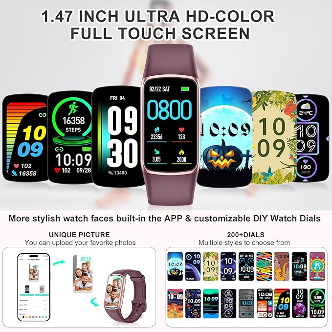 Fitness Tracker Step Counter with 24/7 Heart Rate Blood Oxygen Sleep Monitor, 1.47'' AMOLED Touch Color Screen Fitness Watch, Smart Watches for Women Men