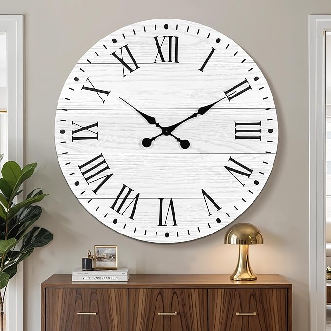 Large Wall Clock with Roman Numeral, 35” Shiplap Wall Clock Farmhouse Nearly Non-Ticking, Round Clock for Living Room Decor, Office, Bedroom, Entrance, White