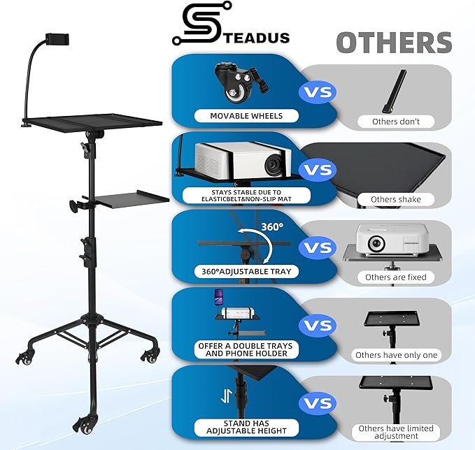 Projector Stand Tripod – 24 to 59 Inch Adjustable Height – Dual Shelves Laptop Tripod Stand with Moveable Wheels and Phone Holder, Portable Laptop Stand for Office, Stage & Outdoor Use