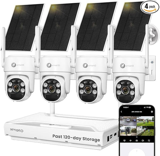 xmartO 100% Wire-Free Solar PTZ Home Security Camera System Wireless, 4-Set 2K 4MP QHD CCTV Camera Kit with 4K 10CH Expandable WiFi NVR and Past 90-Day Video Storage, All-Weather Solar Charge
