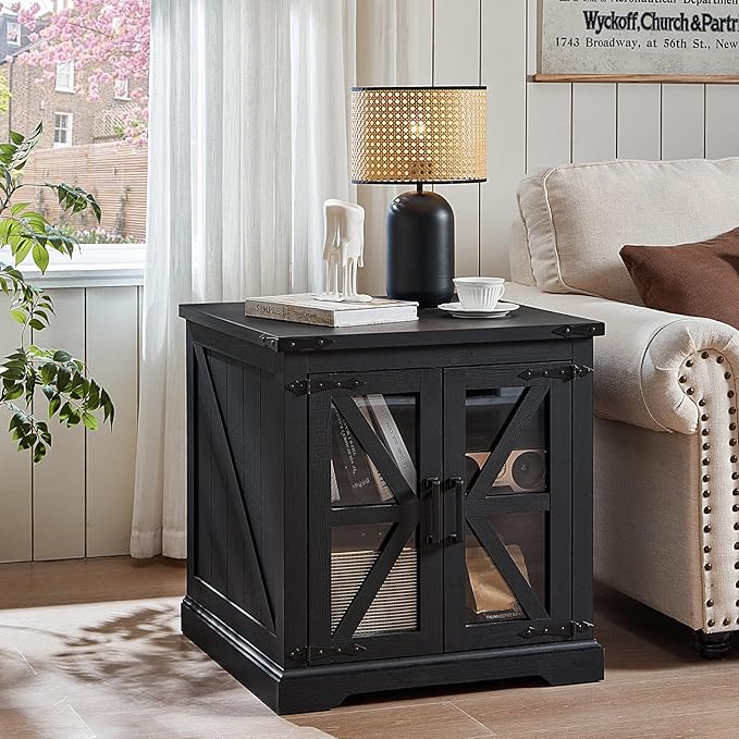 24" End Table Set of 2 with Charging Station, Farmhouse Night Stand with Glass Barn Door, Nightstands with Adjustable Storage Shelf, Large Wood Square Bed Side Table for Living Room,Bedroom