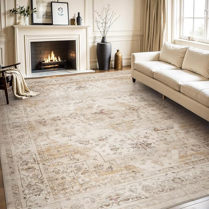 AMOAMI-Area Rug 9X12 Rugs for Living Room-Vintage Soft Beige Rugs for Bedroom-Non Slip Carpet-Washable Rug for Dining Room Living Room Bedroom Office Under Table