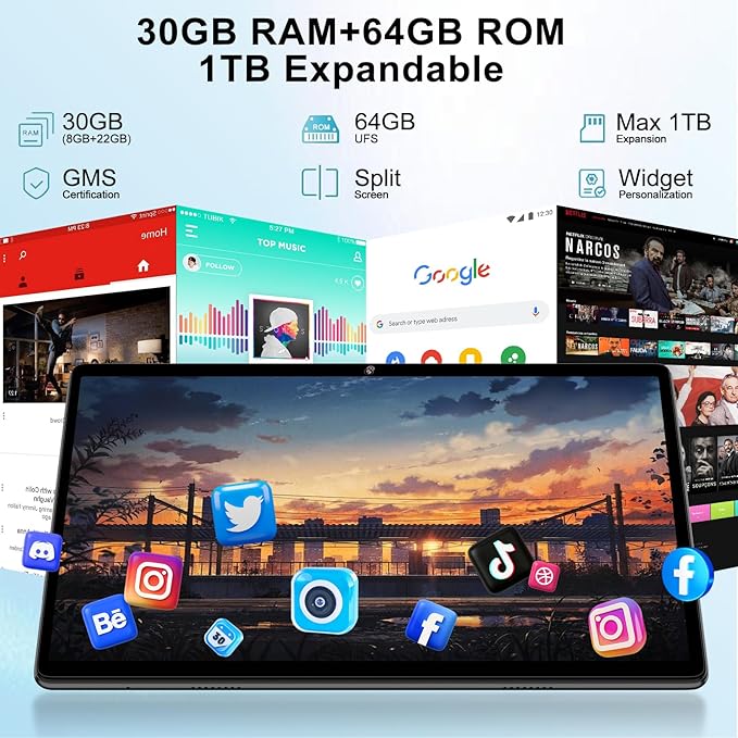 2025 Latest Tablet 10 inch Android 15 Tablets with Keyboard, 30GB RAM 64GB ROM 2.0GHz Octa-Core, Dual Camera, 1TB Expand, Widevine L1, 5G WiFi, BT 5.0, 2 in 1 Tableta PC (Black)