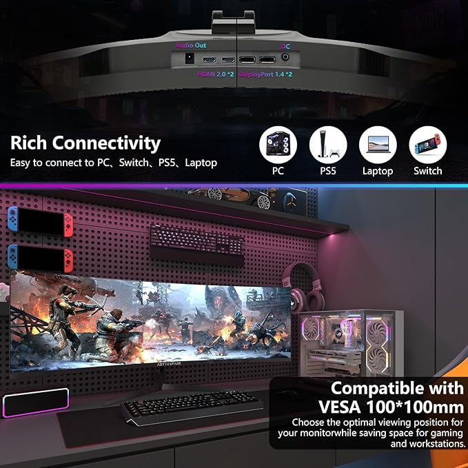 49 Inch Curved Ultra Wide Gaming Monitor, 4K (3840x1080P), 144Hz/165Hz 1500R, 32:9125% sRGB, FreeSync, Height Adjustable Screen Monitor, HDMI 2.1 And DP 1.4, Supports Wall Mounted Installation