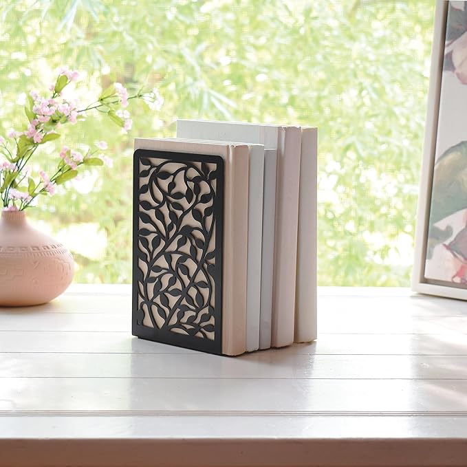 CNK Book Ends for Shelves - Metal Holders for Home Office Heavy Books, Shelf Stoppers, Decorative Set of 2 Black Infinite Leaves Bookends