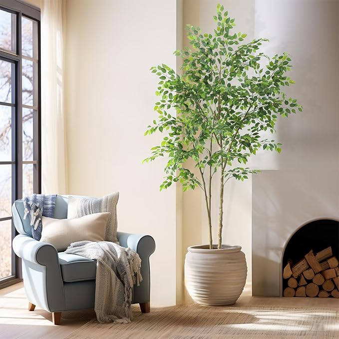 Tall UV Resistant Ficus Tree Artificial，8ft(96in) Realistic Texture Potted Faux Ficus Tree， Fake Trees Indoor Outdoor for Home Office Living Room Bedroom Foyer Porch Decor.