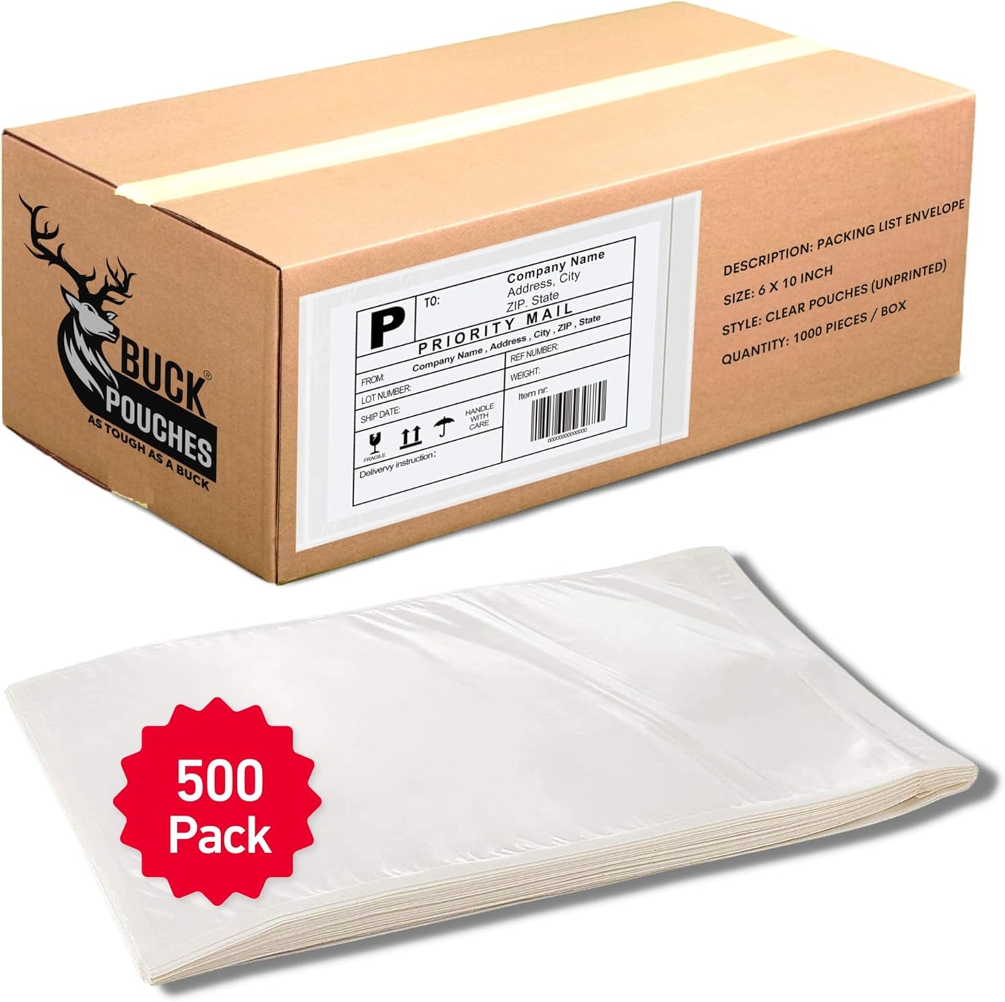 500 Pack 6"x10" Shipping Label Sleeves – Clear Self-Adhesive Packing Slip Pouches, Waterproof Packing List Envelopes – Ideal for Shipping Documents, Mailing Labels, Invoices & Packing Slips