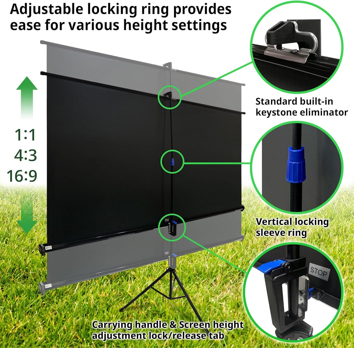 Elite Screens Tripod, 60-Inch 16:9 Portable Projector Screen with Stand– MaxWhite 2, 1.1 Gain, Adjustable Indoor Outdoor Pull Up Projection Screen for Home Theater, Office & Classroom, T60UWH, Black