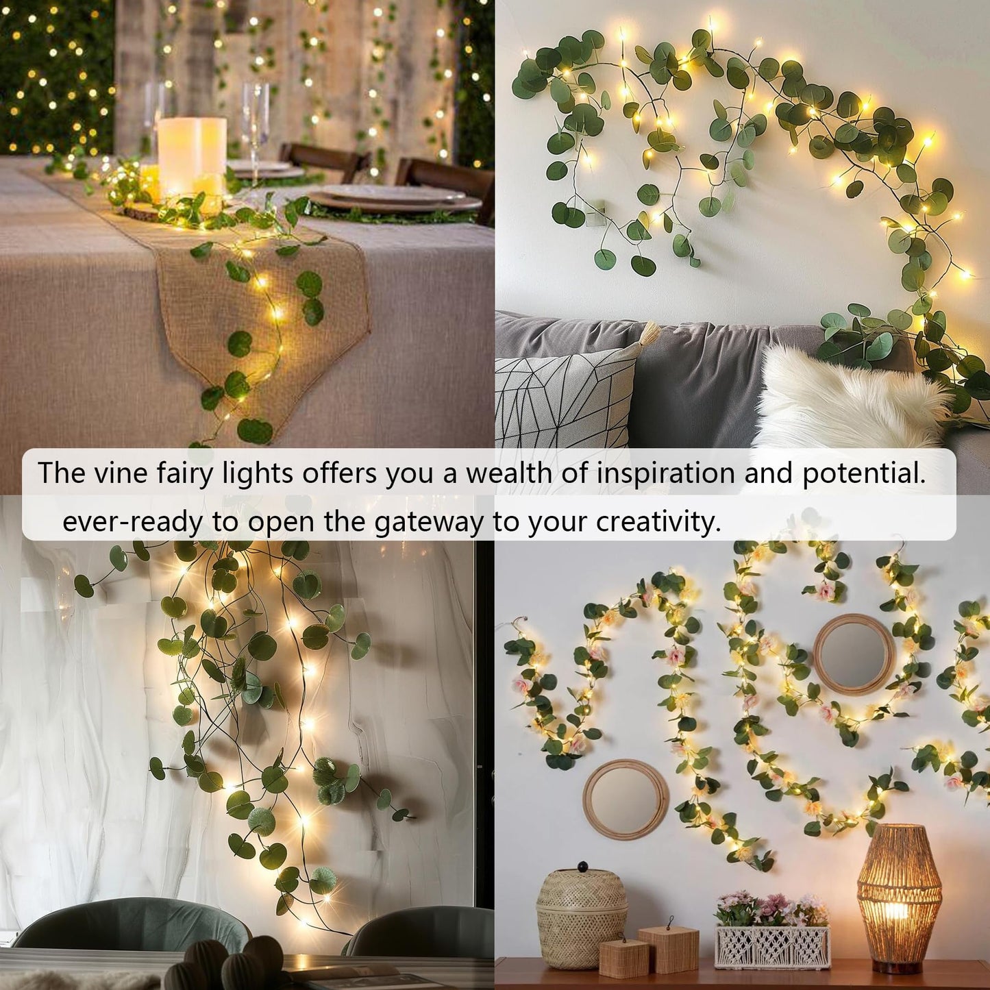 MVOVM 2 Pack Eucalyptus Garland with 20 LED Fairy Lights, Green, 6.6ft, Plastic, Indoor/Outdoor Decor for Bedroom, Party, Wedding
