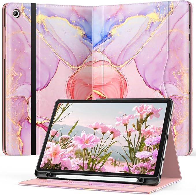 OKP Case for Samsug Galaxy Tab A9+ Plus 11 inch 2024(SM-X210/X216/X218), PU Leather Folio Cover with Multi-Angle Stand//Pen Holder, Auto Wake/Sleep Case for Galaxy A9+ 11" Tablet (Marble Pink)