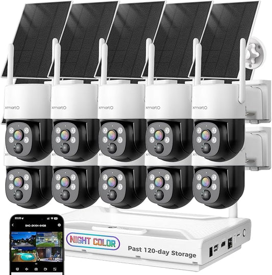 [Night Color] XMARTO 10CH 10Pcs 2K HD Wireless Solar Security Camera System with Starlight Color Night Vision, PTZ Control, Long Range WiFi6, HDMI View on Monitor, 0 Monthly Fee, 64GB Micro SD