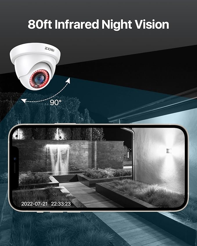 ZOSI 2MP 1080P HD Security Dome Camera Outdoor Indoor, IP66 Weatherproof Surveillance CCTV Camera (Hybrid 4-in-1 HD-CVI/TVI/AHD/960H Analog CVBS), 80ft IR Night Vision, 90° Wide Angle, 24PCS LEDs