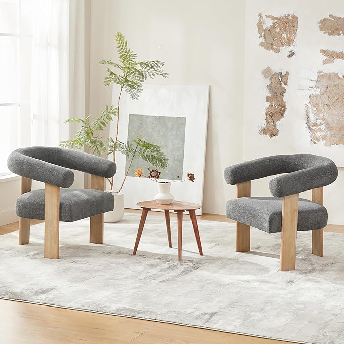 VKNOW Accent Chair Living Room Chair Set of 2, Modern Upholstered Armchair with Solid Wood Legs, Comfy Barrel Arm Chairs for Living Room Bedroom, Dark Grey