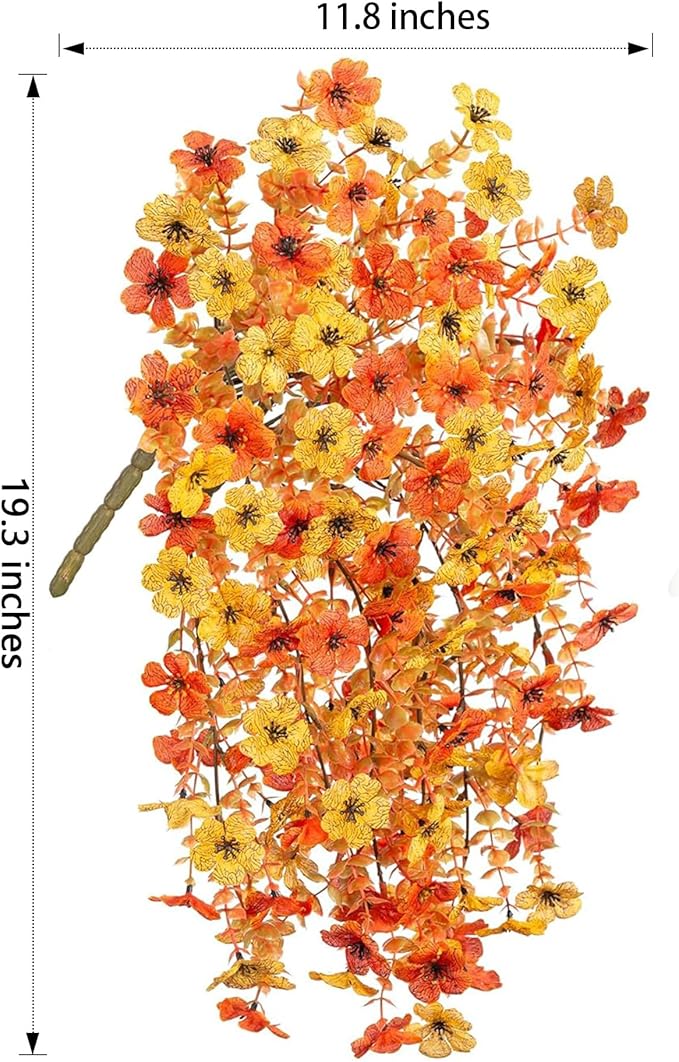 INSPRING Artificial Fall Flowers for Outdoors Decoration, 2Pcs Fake Fall Light Orange & Yellow Hanging Flowers, Faux Autumn Decor for Porch Patio Balcony Planter, Realistic Arrangement