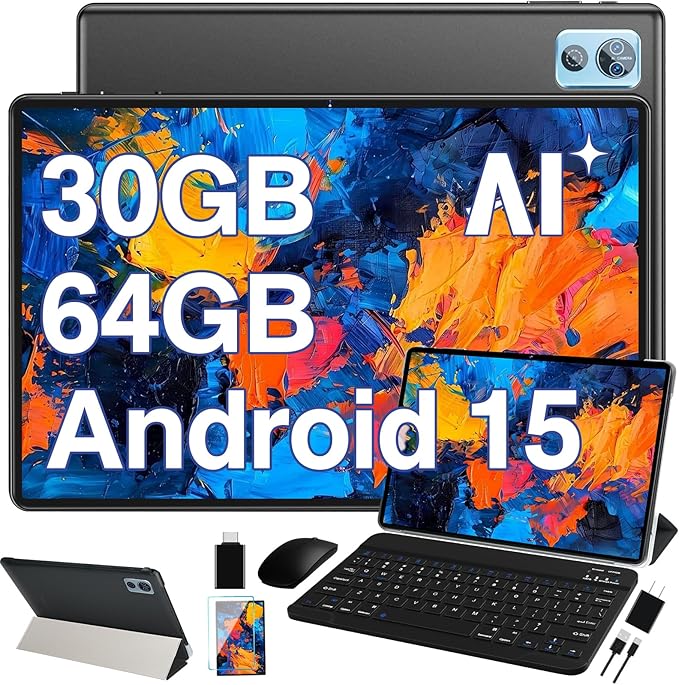 2025 Latest Tablet 10 inch Android 15 Tablets with Keyboard, 30GB RAM 64GB ROM 2.0GHz Octa-Core, Dual Camera, 1TB Expand, Widevine L1, 5G WiFi, BT 5.0, 2 in 1 Tableta PC (Black)