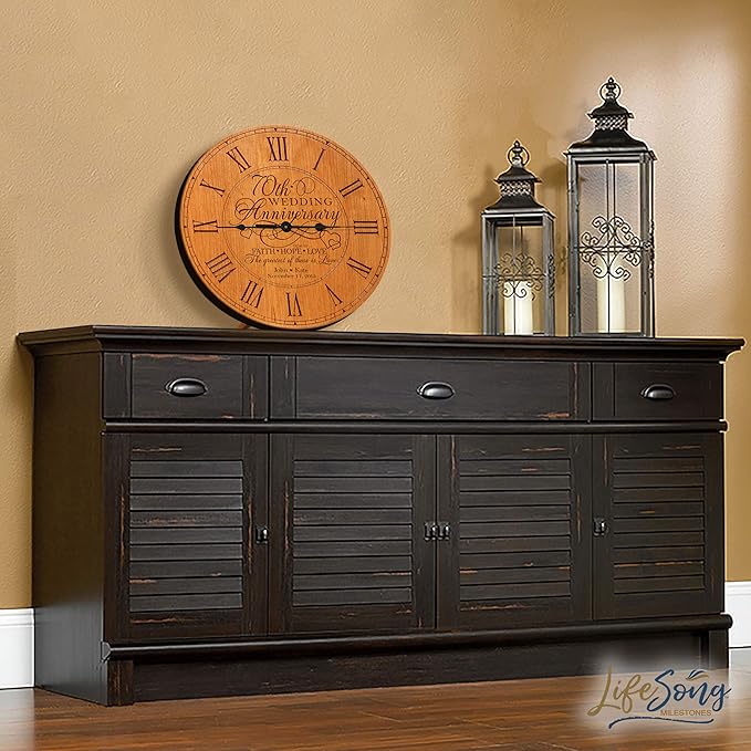 LifeSong Milestones Personalized 70th Anniversary Engraved Cherry Wall or Desktop Clock for Living Room Bedroom, Kitchen, Office, New Home, Couples Gift 12 Inch Diameter (Faith Hope Love)