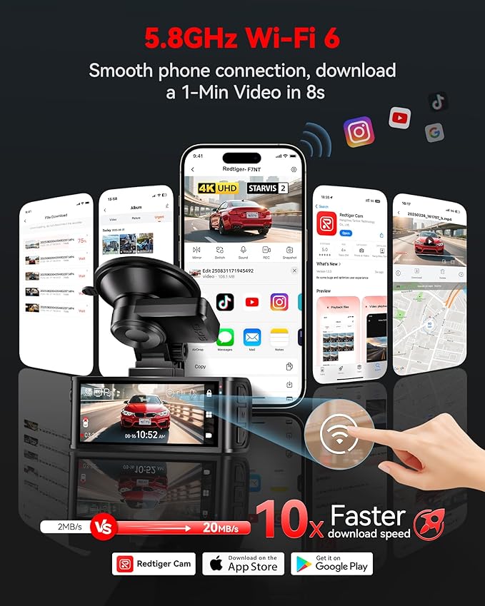 REDTIGER 4K STARVIS 2 Dash Cam Front and Rear, 5GHz WiFi 20MB/s Download, 128GB Card Included, Voice Control, Dash Camera for Cars with 3.18" Touch Screen, GPS, Loop Recording, Parking Mode(F7N Touch)