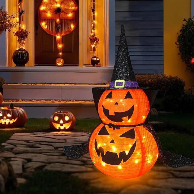 3FT Halloween Collapsible Pumpkin Decoration, 50 LED Pop-Up Pumpkin Lamp with Star Cap, Plug in Halloween Jack-O-Lantern with Metal Stand for Indoor Outdoor Garden Patio Party Decor