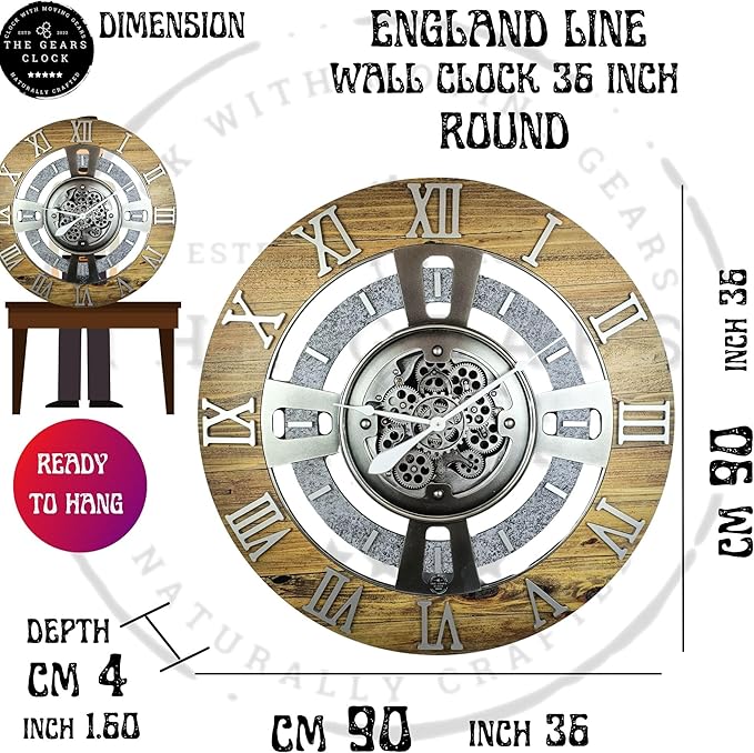The Gears Clock Real Moving Gear Wall Clock England Line (Wood & Stone, 36 inches (90 cm))