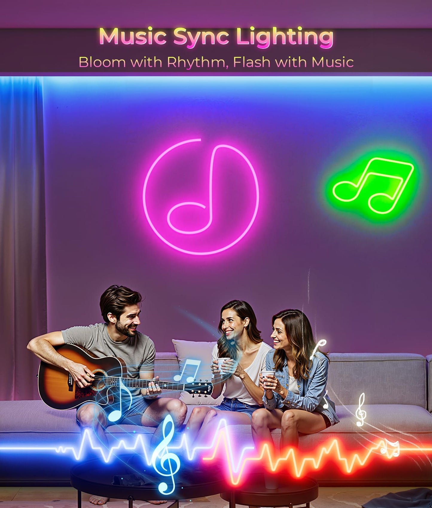 DeckTok Neon Rope Lights - 65FT RGB LED Strip, Waterproof, Music Sync, App/Remote Control, White, Model 3535RGB-60D-65FT