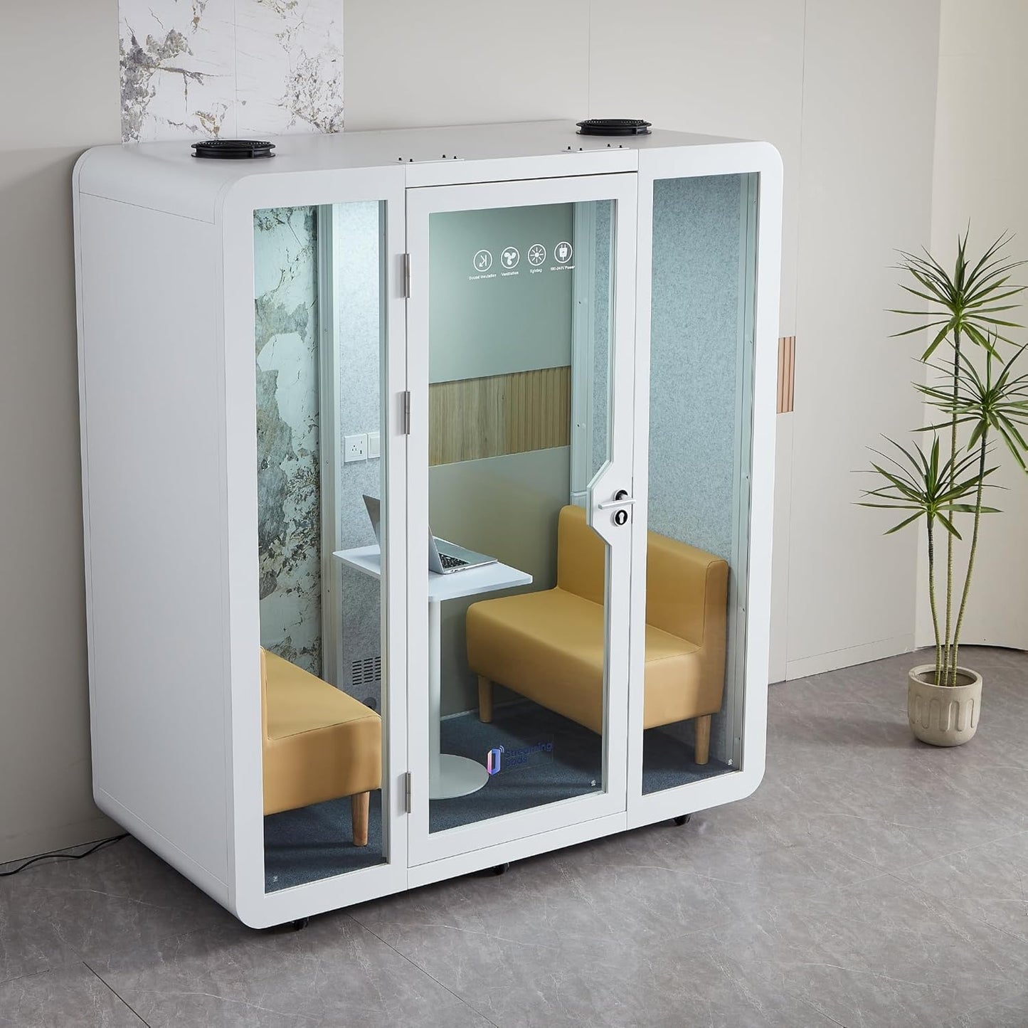 GEARONIC Mobile Office Pod Booth, Standard Sound Proof Office Pod for 2 People, Sound Pod Booth with Mobile Roller, LED Lighting System,Fans and AC USB Ports