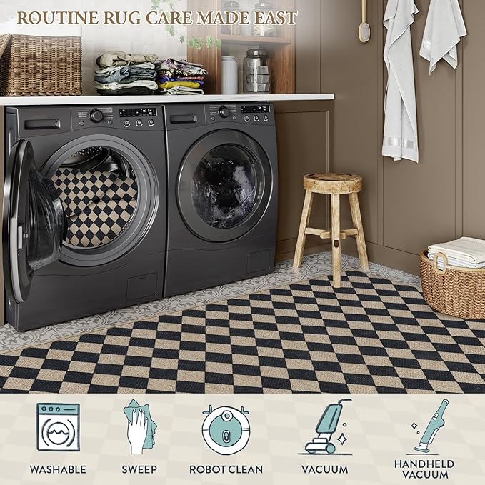 Lahome Checkered Easy Jute Outdoor Rug, 5x7 Farmhouse Rugs for Living Dining Room, Washable Non Slip Non Shedding Floor Carpet for Sunroom Mudroom Backyard Deck